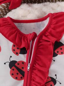 SHEIN 3pcs Baby Girl Ladybug Graphic Ruffle Hem Zipper Jumpsuit With Hat And Bow Headband Set, Comfortable For Everyday Wear, For Christmas - Red - View 5