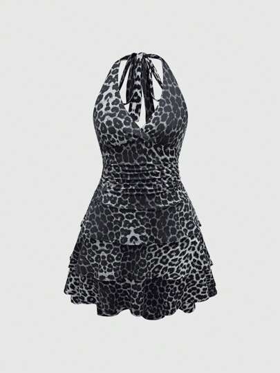 Grunge Punk Sexy Lady Banquet Leopard Print Ruched Tiered Hem Halter Dress