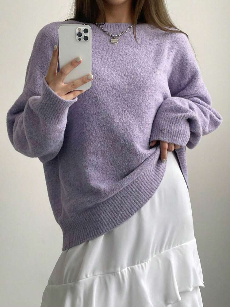 Women's Solid Color Minimalist Crew Neck Long Sleeve Knit Pullover Sweater,Long Sleeve Tops,Fall Clothes