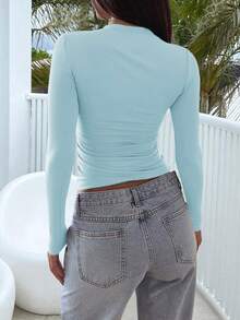 Áo thun dài tay cổ vuông dáng ôm Vaiaye dành cho nữ mùa xuân/hè phong cách Y2K, màu trơn, gợi cảm, thích hợp cho ngày Valentine. - Màu xanh ngọc - Xem 5