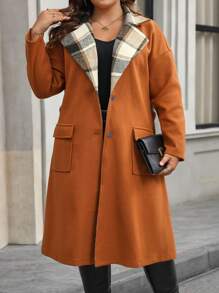 SHEIN LUNE 大码女式格子拼布长袖休闲羊毛衬衫 - 棕色 - 查看 1