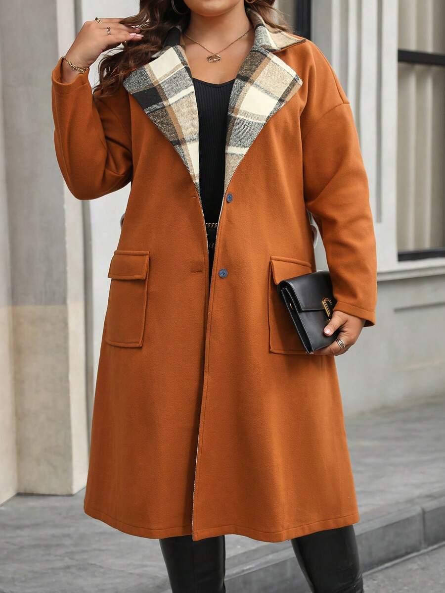 SHEIN LUNE 大码女式格子拼布长袖休闲羊毛衬衫 - 棕色 - 查看 1