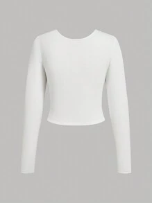 SHEIN Teen Girl Buy 1 Get 2 Free 3pcs/Set Black, White, Brown Casual Reversible Thermal Lined Warm Long Sleeve Fitted Cropped T-Shirts, Fall Top - Multicolor - View 11