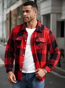 Manfinity Homme Plus Size Men's Plaid Print Button Front Pocket Long Sleeve Coats And Jackets - Multicolor - View 5