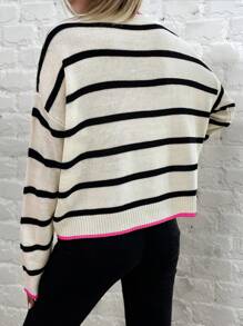 SHEIN LUNE Của phụ nữ Sọc Thả vai Tay áo dài Áo len - trắng - Xem 2
