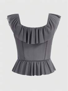 Forever 21 Fashionable Mesh Floral Top With Contrast Woven Belt And Ruffled Collar - Grey - View 2