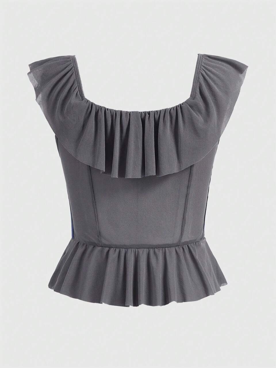 Fashionable Mesh Floral Top With Contrast Woven Belt And Ruffled Collar