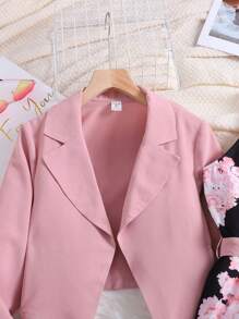 SHEIN 2 件套青少年女孩秋季粉色缺口领不对称下摆长袖夹克和宽松花卉印花连体裤优雅休闲/工作装 - 粉色 - 查看 3