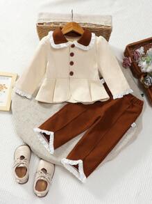 SHEIN طقم فتاة شتوي خريفي دافئ: معطف صوفي بياقة مكسرة و بنطلون مطوي 2 قطعة - متعدد الألوان - مشاهدة 11