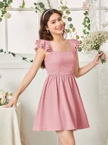 SHEIN Leap Crew Teen Girl Woven Solid Color Cut-Out Bow Back Hollow Square Collar Casual Cap Sleeve Dress - Baby Pink - View 6