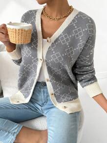 Chiquease Cárdigan de mujer casual de primavera y otoño con patrón geométrico de color contrastante