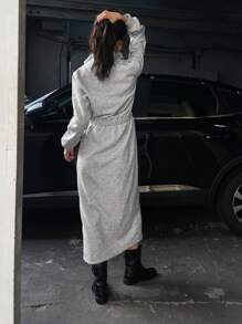 DAZY 女士厚实保暖长款宽松休闲连衣裙，秋季连衣裙长袖连衣裙 - 淺灰色 - 查看 6