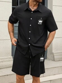 Manfinity Homme 2pcs Men's Button Down Crown Print Short Sleeve Shirt And Drawstring Fashion Shorts Set - Black - View 5