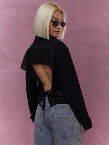 MISSGUIDED Revere Collar Crop Sheer Backless Double Breasted Coat Jacket Winter Wear - Black - View 5