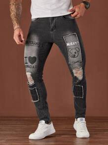 Manfinity LEGND Jeans pitillo de calle negros de denim con estampado de letras para hombres - Negro - Ver 8