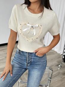 Chiquease Blusa de punto de cuello redondo de manga corta de unicolor con adorno de perlas falsas en forma de corazón, casual para uso diario - Albaricoque - Ver 4