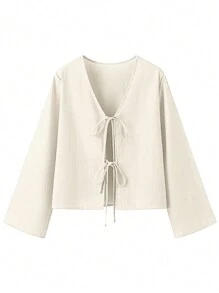 INAWLY Blusa de manga larga atada al frente, sencilla y casual para mujer, ropa de otoño