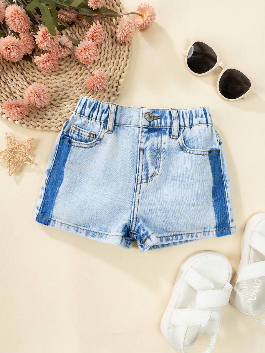 SHEIN Little Girls' New Casual & Fashionable Washed Denim Shorts, Versatile Style - Medium Wash - View 1