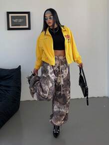 Flirla Plus Size Elastic Drawstring Side Pocket Camouflage Fashion Casual Pants - Multicolor - View 4