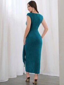 Modelyn Vestido elegante y ajustado de cuello redondo, sin mangas, con pliegues en la cintura, para vestidos de noche largos de mujer - Agua verde azul - Ver 2