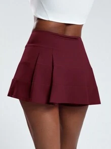 SHEIN Cheerettes Váy thể thao xếp lớp màu trơn mùa hè có túi nhún - Màu Đỏ Sâu - Xem 8