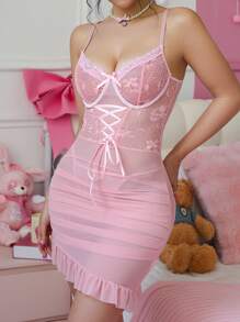 SHEIN 2pcs/Set Romantic Lace Contrast Mesh Caged Mini Dress Set - Pink - View 3