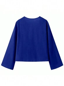 INAWLY Áo sơ mi nữ tay dài buộc dây đơn giản hàng ngày màu trơn - Xanh đậm - Xem 2