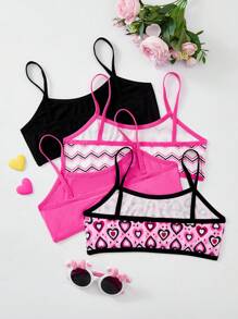 SHEIN Conjunto de 4 piezas para niñas preadolescentes con ropa interior de punto suave, de unicolor y transpirable con patrón de corazón lindo - Multicolor - Ver 2