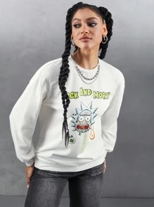 Rick and Morty X SHEIN 1 pièce Sweatshirt ample à encolure ras du cou, avec personnage de dessin animé et imprimé de lettre, avec épaules tombantes, style casual, pour femmes, printemps et automne