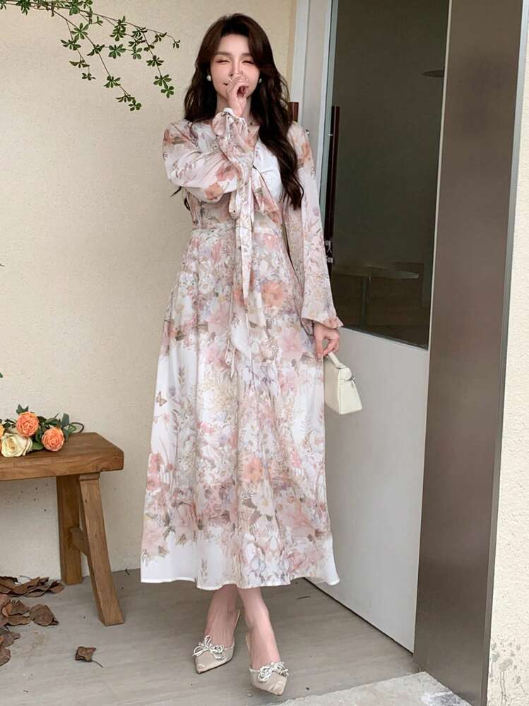 DAZY Vestido elegante de manga larga con cuello en V y cintura con lazo, con estampado floral, volantes, ropa de otoño y atuendos de vacaciones para mujer - Multicolor - Añade 2