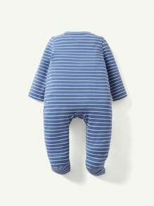 Cozy Pixies 2 Chiếc Sơ Sinh Bé Trai In Hình Hoạt Hình Màu Trơn Cổ Thuyền Dài Tay Áo Liền Quần Và Bộ Quần - Màu xanh lam - Xem 8