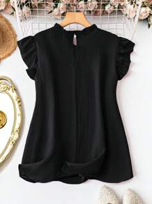 EMERY ROSE Plus Size Summer Casual Solid Color Cap Sleeve Black Blouse