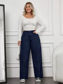 EURMUSE 100% 纯棉加大码高腰深色洗水阔腿男友牛仔裤 - 藏蓝色 - 查看 3