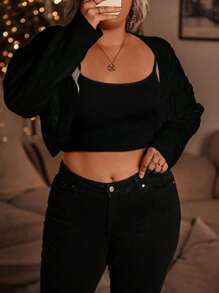 SHEIN LUNE Plus Size Solid Color Casual Long Sleeve Knit Cardigan, For Winter Fall Cloth For Women - Black - View 3