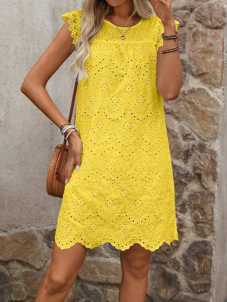 SHEIN Holidaya Vävd broderad blommig miniklänning med fladdrande ärmar (slumpmässiga broderier) Semester Strandkläder Dam - Gul - Visa 3