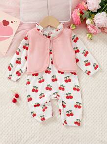 SHEIN 2pcs/Set Baby Girl Cute Digital Cherry Print Ruffled Collar Jumpsuit And Solid Color Fleece Vest Homewear Set - Multicolor - View 8