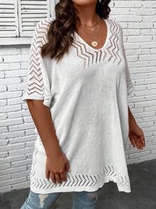 SHEIN Swim Curve 大码纯色 V 领短袖镂空罩衫，休闲日常夏季服装 - 白色 - 查看 4