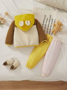 2 peças Conjunto com Capuz e Calça Impressão de Expressão Fofa de Desenho Animado para Menina Pequena - Multicolorido - Visão 2