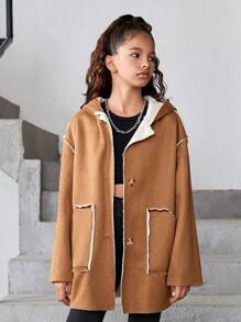 SHEIN Felpa con cappuccio oversize reversibile in pelliccia sintetica tinta unita per ragazze preadolescenti - Cammello - Visualizzare 7