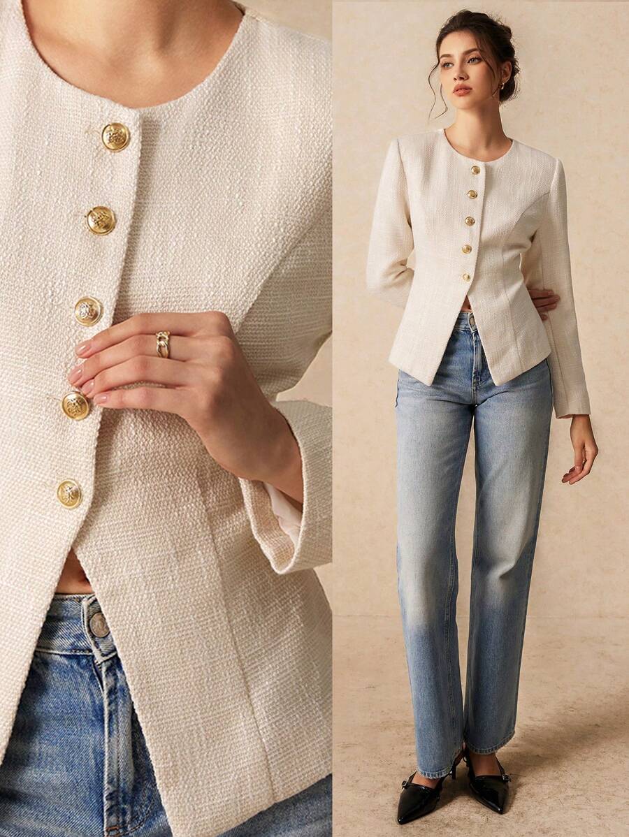 SHEIN Frenchy 女士优雅外套，正面带纽扣开合，春/秋装正式女士外套商务女士服装婚礼外套下摆开衩不对称下摆服装优雅外出上衣外套茶会服装纽扣外套 FW24 - 杏色 - 查看 1