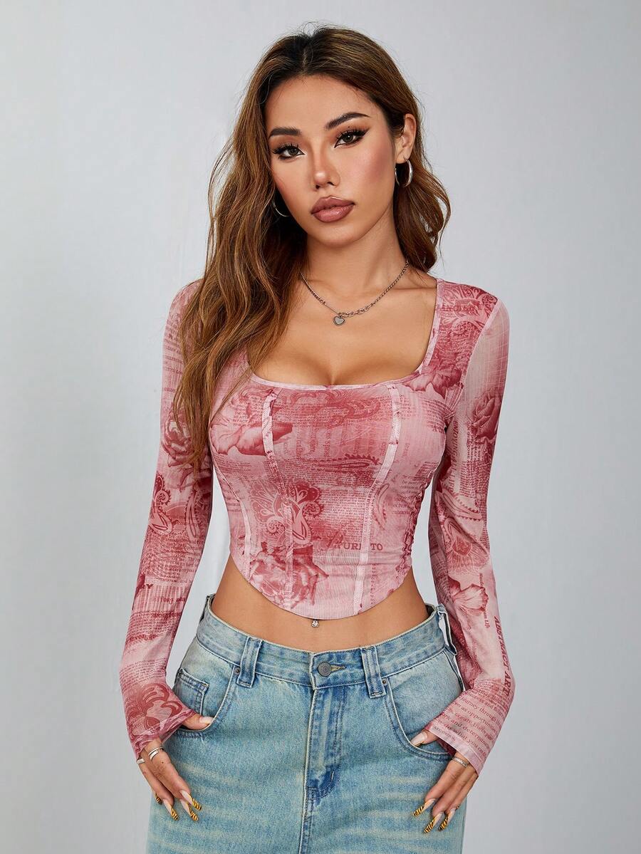 SHEIN PETITE Áo thun nữ in hình hoa huệ phong cách đơn giản hàng ngày trang trí xương cá màu hồng - Hồng - Xem 1