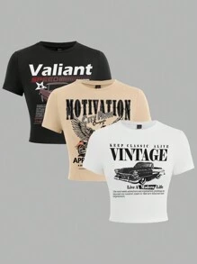 Attitoon Set de 3 camisetas de manga corta, cuello redondo, ajustadas, cortas, con estampados de motocicleta con alas, coche retro y vintage, adecuadas para el verano, para mujer