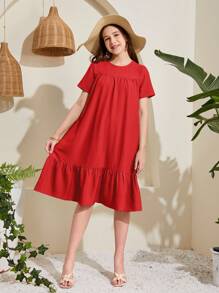 SHEIN Vestido casual de manga corta de unicolor con volantes para niñas adolescentes - Rojo - Ver 6