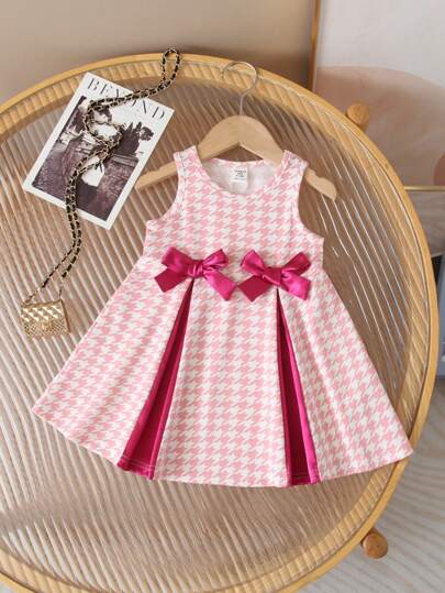 Vestido sin mangas de bebé niña de punto, lindo, con diseño pata de gallo y contraste de color con lazo, para verano