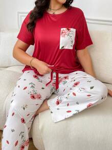 Plus Size Printed Patch Pocket Short Sleeve Top And Printed Pants Pajama Set With Round Neck, Outfits - Red - View 3