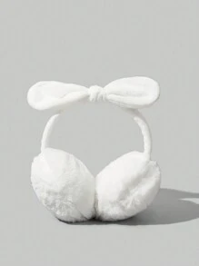 ROMWE 1pc Cute Solid Color Bow Plush Earmuffs, Winter Daily Commute Warm Earmuffs, Kawaii Rabbit Ear Ear Covers - White - View 1