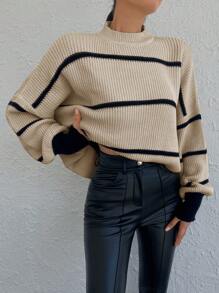 EURMUSE Striped Drop Shoulder Sweater - Beige - View 1