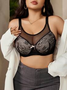 SHEIN Plus Size Mesh Contrast Bow Decor Charming Lace Wireless Bra, Lingerie - Black - View 4