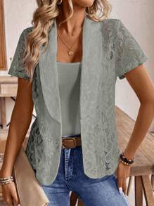 SHEIN LUNE Women's Casual Solid Color Lace Collar Short Sleeve Jacket, Spring And Summer - Grey - View 5