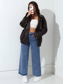 SHEIN PETITE 女士休闲破洞直筒牛仔裤 - 中等水洗藍 - 查看 5